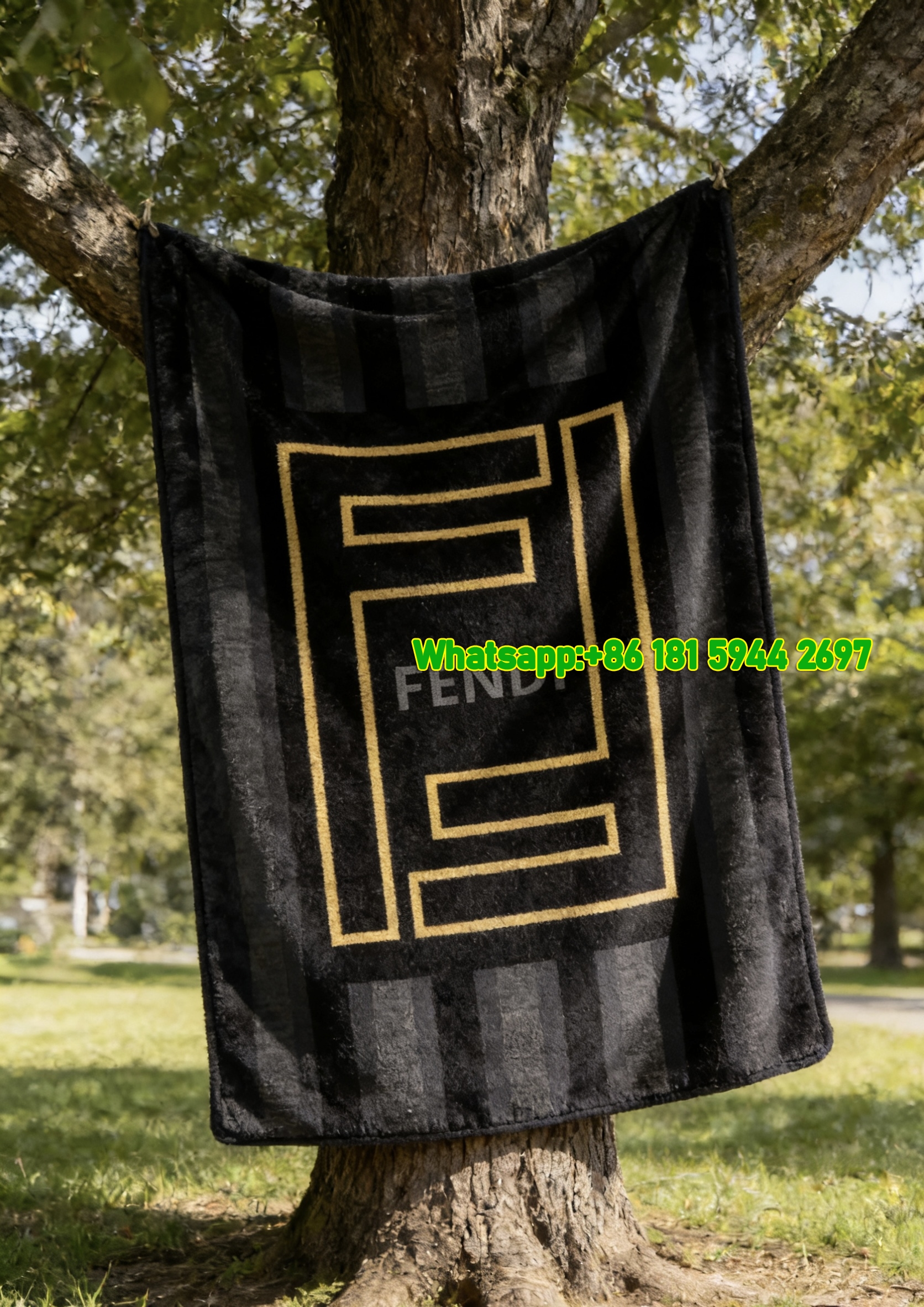 Fendi Gold FF Monogram Black Stripe Flannel Sofa Throw Blanket IMG_9458
